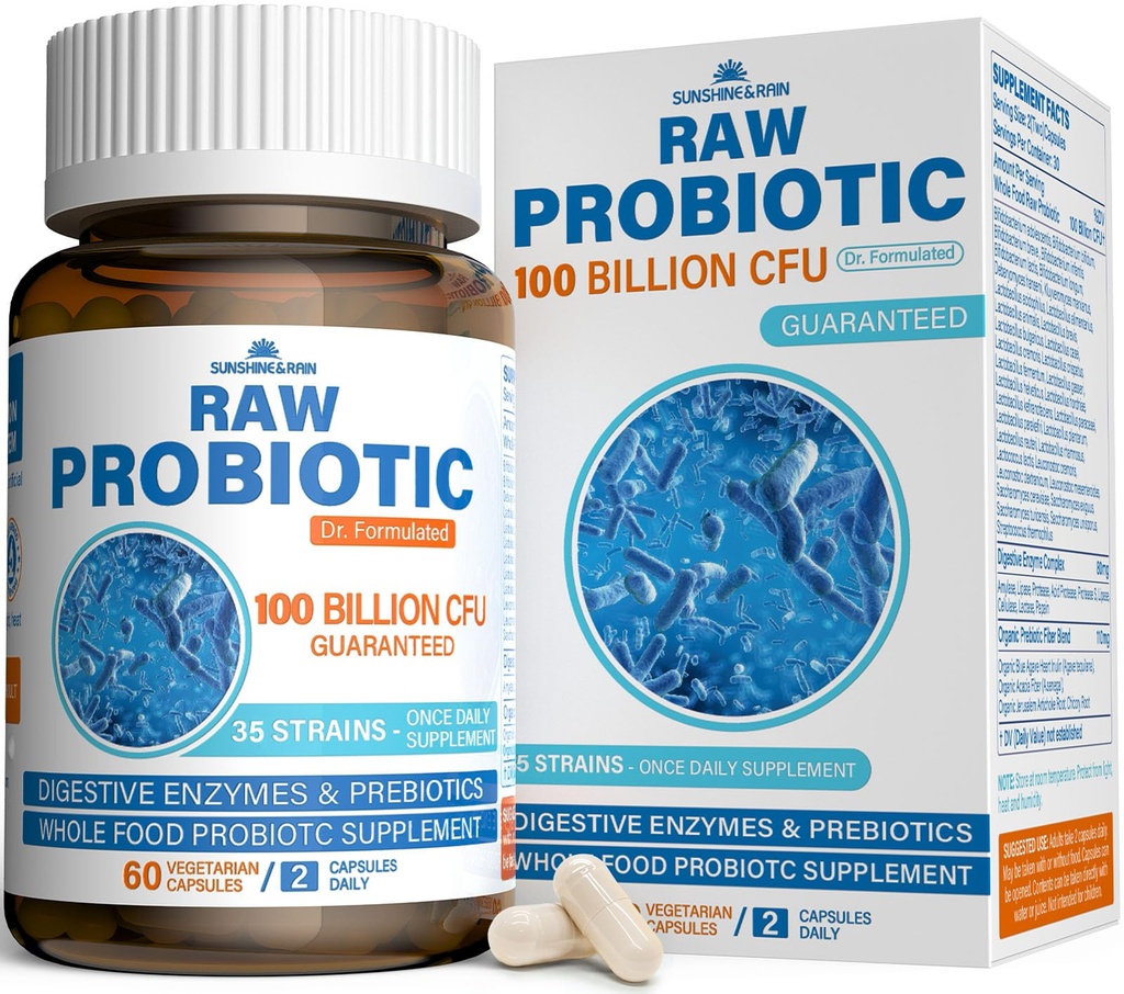 Probiotyki surowe dla kobiet i mężczyzn - 100 Miliard CFU, 35 Szczepów, Prebiotyki Organiczne i Naturalne Enzymy Digestive for Digestive, Gut & Immune Health - Mleczarnia, Soy i Gluten Free, Non-GMO, 60 Kapsułki wegetariańskie