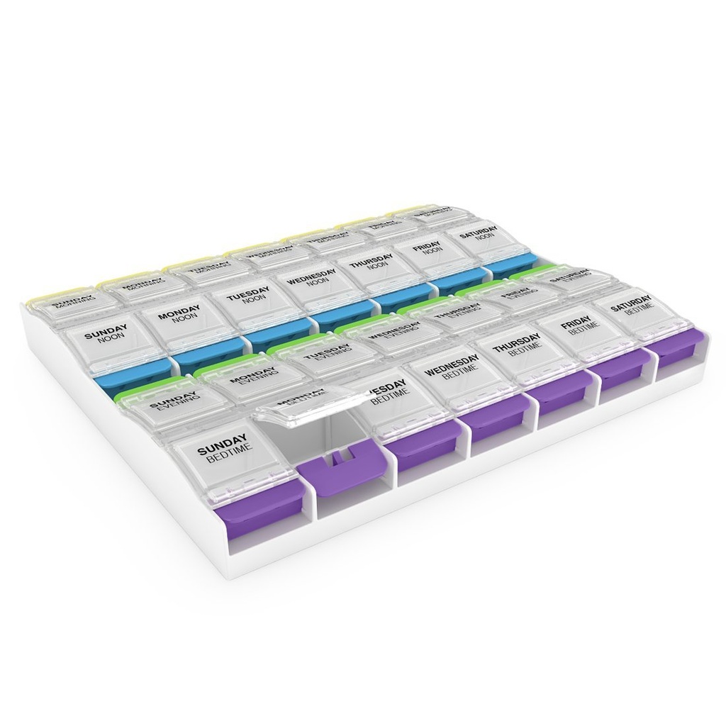 EZY DASE Cotygodniowy (7- Day) Pill Organizator, Pojemnik na witaminy i Codzienne Planowanie Medycyny, 2X- Duży przyciskowy przyciski, Artretyzm Przyjazny, Łatwy w użyciu, 4 razy dziennie, Klarowne lipy, BPA Free