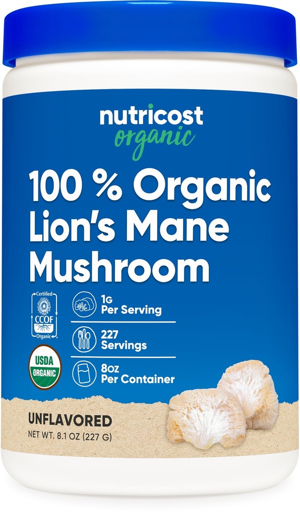 Nutricost Organic Lion 's Mane Mushroom Powder (8 oz) - 227 Służenia, Certyfikowany suplement organiczny USDA