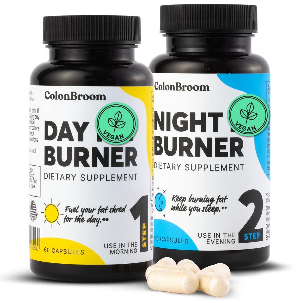 ColonBroom Day & Night Burner Supplements, Pigułki dla kobiet / mężczyzn z inuliną, L- karnityna, Koenzym Q 10, Ziarno Paradise and More, Brom Colon 60 Kapsułki Vegan na pojemnik