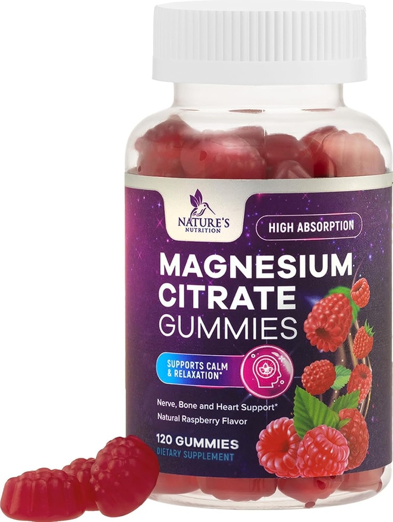 Suplement Gummies Cytrynian magnezu - Wysoka Absorpcja, Suplement Gummy magnezu wegańskiego dla dorosłych i dzieci, Suplementy Gummy Cytryny magnezowej dla mięśni, nerwów, kości i serca - 120 Gummies
