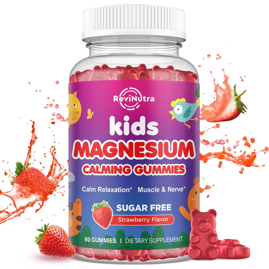 Gumie magnezowe dla dzieci - Glucynian magnezu z gumami L- Theanine, Rumianek, Witamina B6, D dla dzieci i dorosłych Sen, Stres, Relief mięśni i Nerve Bone - Cukier wolny truskawka 60ct