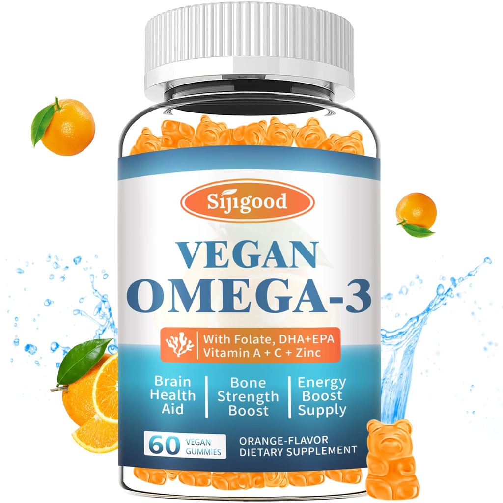 Omega-3 Gummie Potent Algae Omega Źródło, Boost Brain, Eye & Immune Function, z DHA i EPA Vegan & Sugar Free, Pomarańczowy Flavor, 60 Count