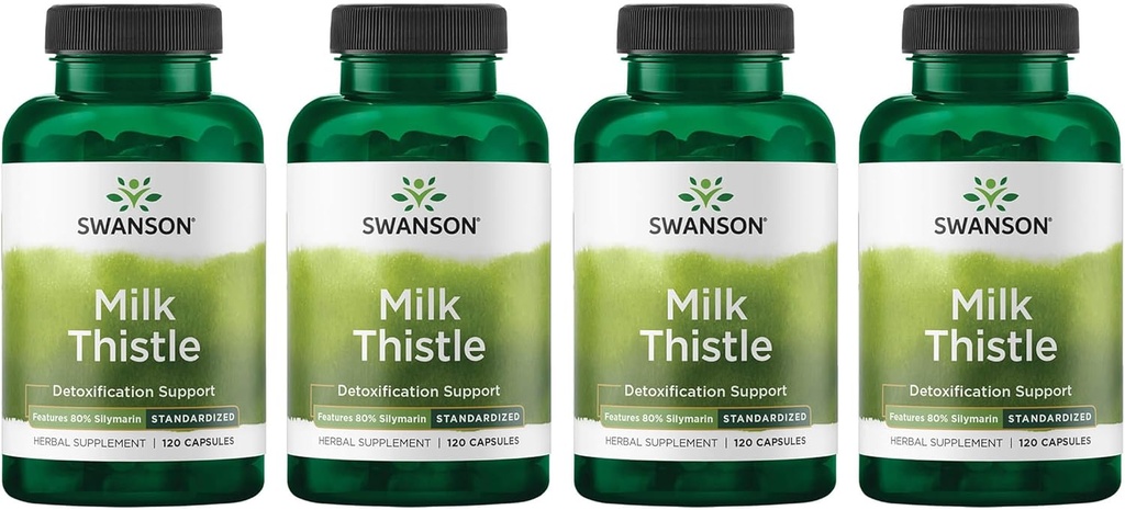 Swanson Milk Thistle (Standardized) - Herbal Liver Supplement Supplement w / 80% Silymarin - Natural Formula Pomaga utrzymać ogólne zdrowie i samopoczucie - (120 kapsułek) (4 opakowania)