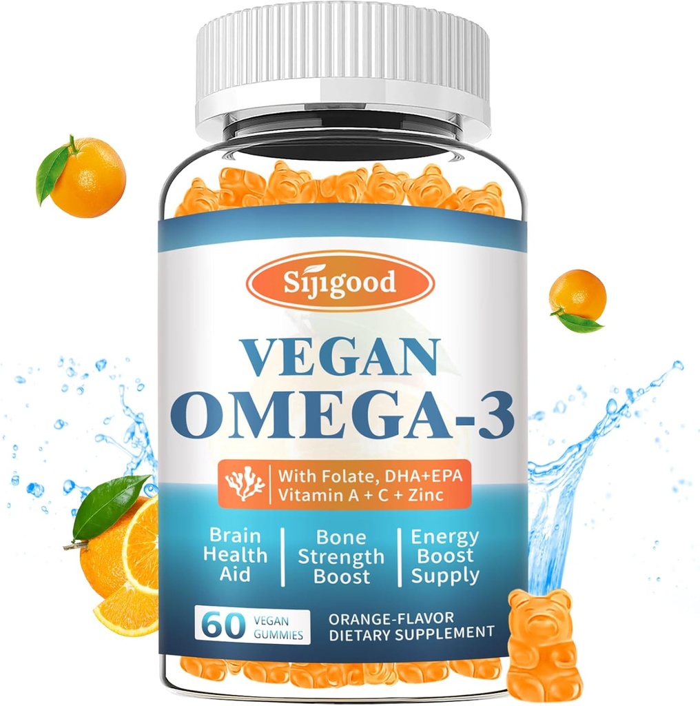 Omega-3 Gummie Potent Algae Omega Źródło, Boost Brain, Eye & Immune Function, z DHA i EPA Vegan & Sugar Free, Pomarańczowy Flavor, 60 Count