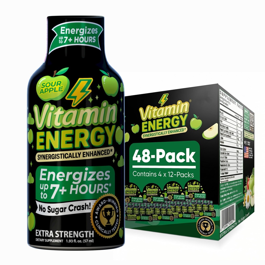 Witamina Energy Workout + Extra Siła Energy Shot Sour Apple 48 Pack, 260mg naturalnej kofeiny, Przygotowania, B- Witaminy, Minerały, Endurance & Performance, Zero Cukier, Gluten- Free, Wegan, 1.93 fl oz