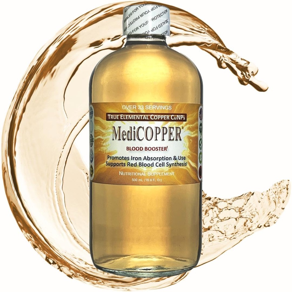 MediCOPPER Blood Booster True Colloidal Copper CuNP Nutricent - 500 ml w przezroczystej szklanej butelce