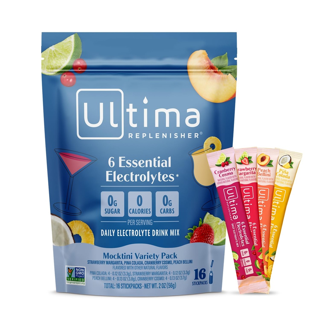 Ultima Replenisher Daily Electrolyte Powder Drink Mix - Sugar Free - Mocktini Variety, 16 Stickpack - Pakiety nawadniające z 6 Kluczami Elektrolitów i Minerałów śladowych - Keto Friendly, Non-GMO