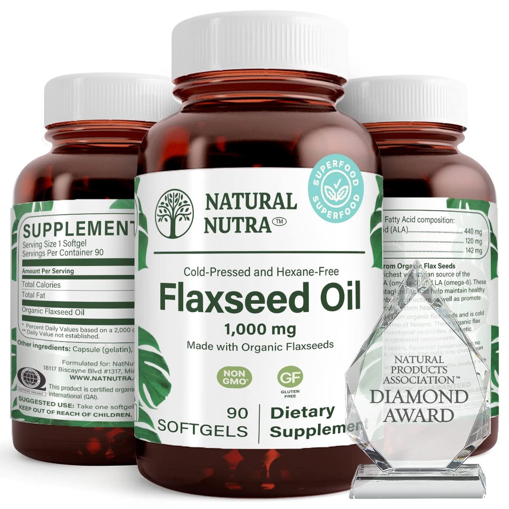 Natural Nutra Organic Flaxseed Oil Softgels, Promotes Hairs Growth, Pomoc w utracie wagi, Pomaga zwiększyć system immunologiczny, Promotes Healthy Nerwowy System & Wzrost włosów, Omega 3 6 9, 1000 mg, 90 Softgels
