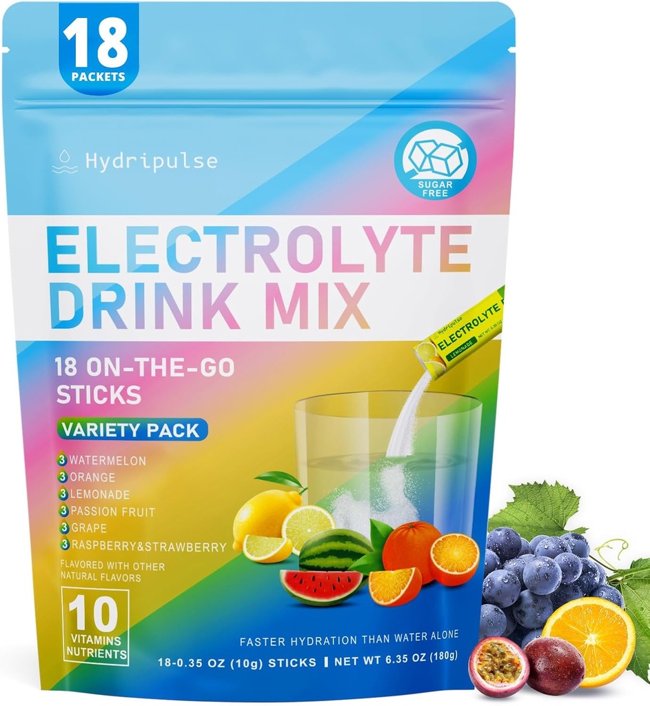 Pakiety proszkowe Electrolytes - Bezcukrowe, Naturalnie aromatyzowane, 10 Elektrolity i witaminy Electrolyte Drink Mix - Odmiana Pack 6 Flavors, Keto Friendly, Wegan, Non-GMO, 18 Pakiety