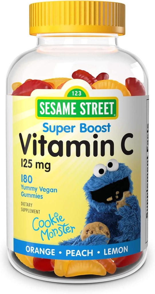 Webber Naturals Sesame Street Witamina C Gummies dla dzieci 2 +, 125 mg witaminy C na gumę, 6 miesięcy dostaw, wolne od gluten, mleczarnia, Peanut & Żelatyna, Wsparcie immunologiczne, 180 Gummies
