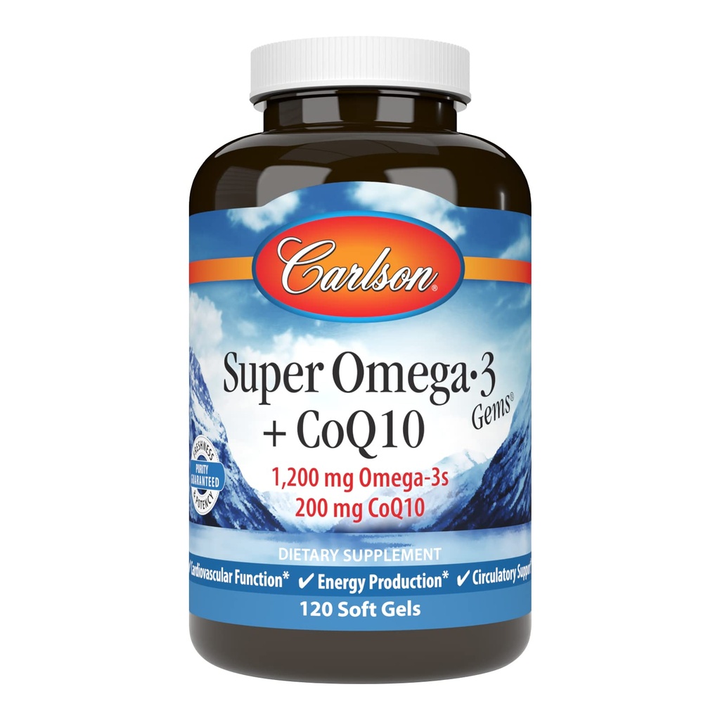 Carlson - Super Omega-3 Gems + CoQ10, 1200 mg Omega- 3 200 mg CoQ10, funkcja cyrkulacji, produkcja energii i wsparcie cyrkulacyjne, 120 Softgels