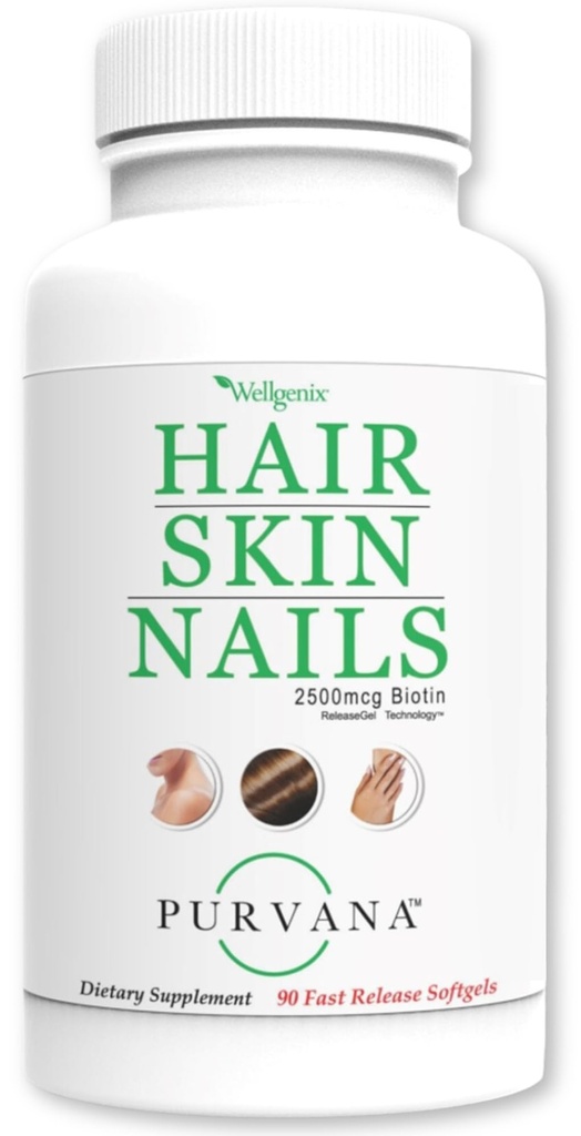 Wellgenix Purvana Hair, Skin, and Nails - One a Day Softgel - 2500mcg Biotin, DMAE, MSM, Horsetail, Ekstrakt z nasion winorośli - Anti Aging, PCOS & Postpartum Hair Growth, Silne paznokcie (90 Count)