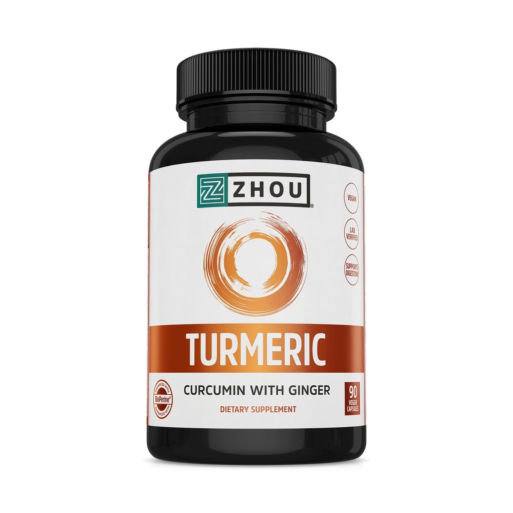 Zhou kurkumina turmerowa z Ginger - Turmeric and Ginger Supplement for Women and Men, Kurkuminoidy z Black Pepper Extract for Trawienie i Trawienie - 90 Kapsułki wegetariańskie