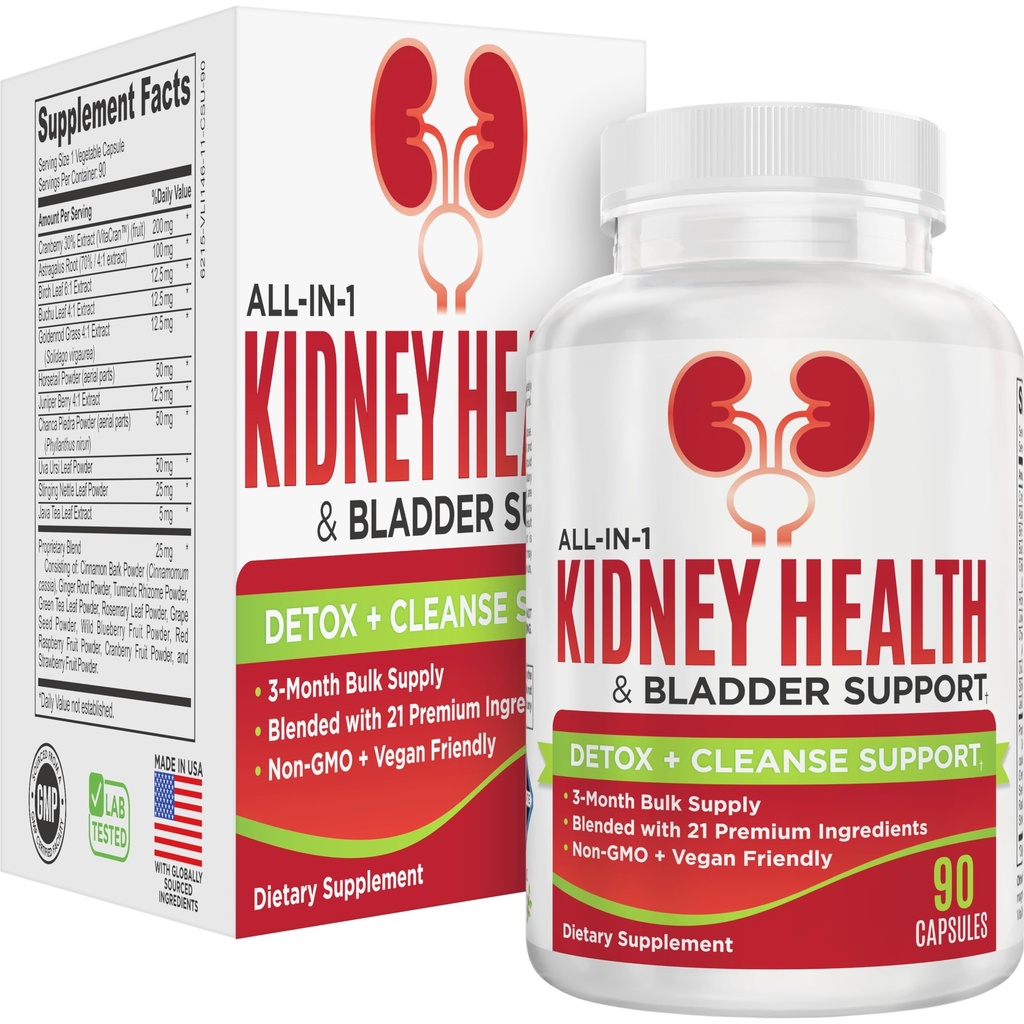 Nerki & Bladder (3- Miesiąc) Suplement wsparcia zdrowotnego 124; All- in-1 Suplementy Traktu moczowego z 21 Aktywnych Składników 124; Nerki Cleanse Detox Support Nutricents 124; 90- Day Bulk Supply 124; 90 Kapsułki