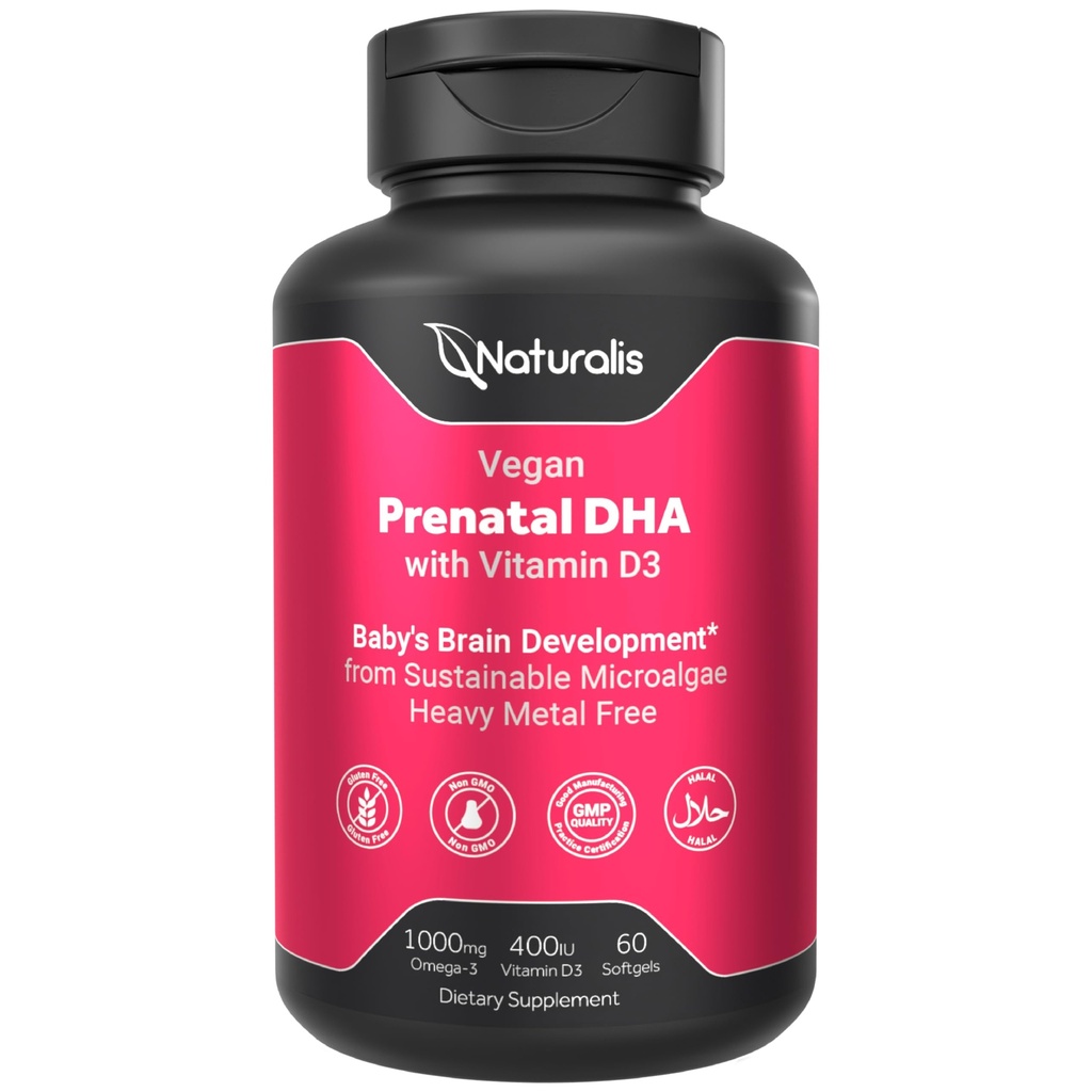 Naturalis Vegan Prenatal z Full Specrum Omega-3 RED 124; Algae DHA, EPA, DPA, Witamina D3 & Aktywny folian L 5- MTHF RED 124; Vegan Society Certified, Sustainable Sourced, Non-GMO & Soy Free