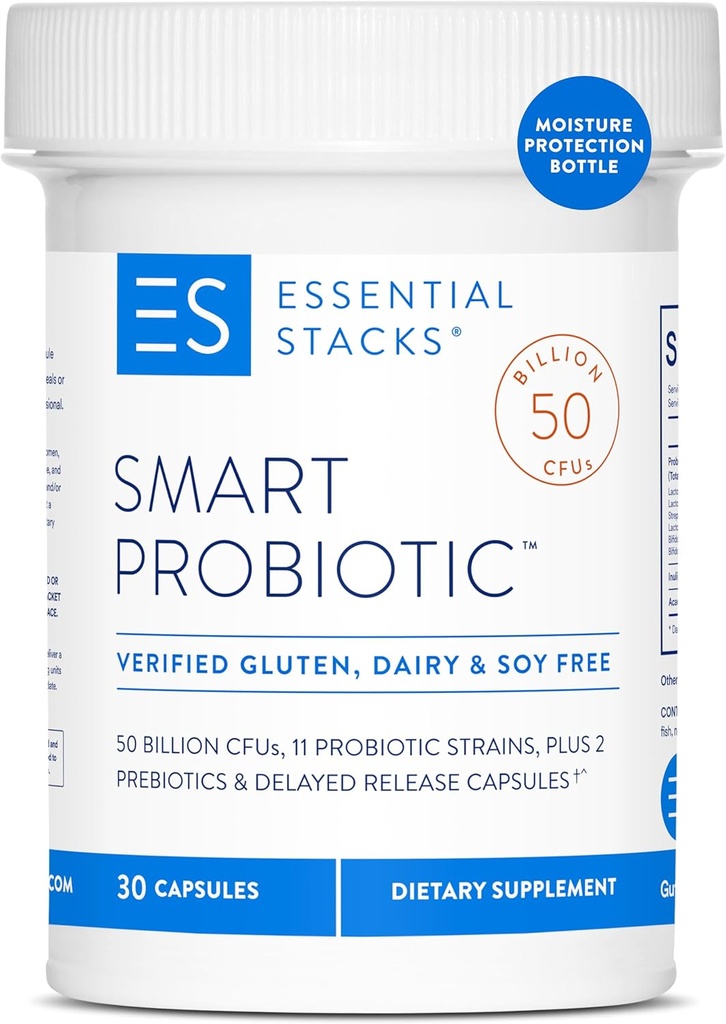 Esencjonalne stosy Smart Probiotic - 50 Miliard CFU, 11 Cieśnin Probiotycznych, 2 Prebiotyki, Opóźnione Kapsułki Release - A Daily Probiotic Prebiotic dla kobiet i mężczyzn (30 Kapsułki)