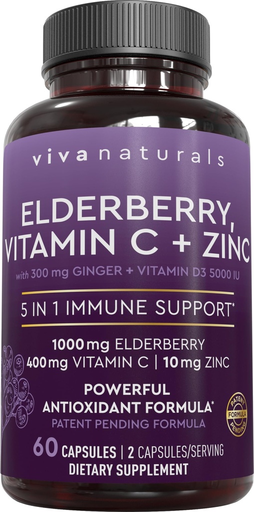 Viva Naturals Czarna Elderberry z witaminą C i cynkiem dla dorosłych (60 hrabiego) - Sambucus Elderberry immunologiczny suplement wsparcia, Czarna Elderberry kapsułki dla dorosłych, Elderberry suplementy dla kobiet