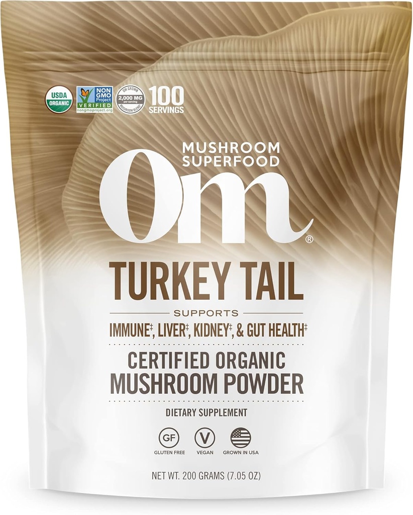 Om Mushroom Superfood Turcja Ogon Organiczny Mushroom Puch Powder, 7.05 Ounce, 100 Słupki, Wsparcie immunologiczne, Polisacchrides, Beta- Glukany, Gut Zdrowie i Holistyczne Suplement do Mushroom Defense