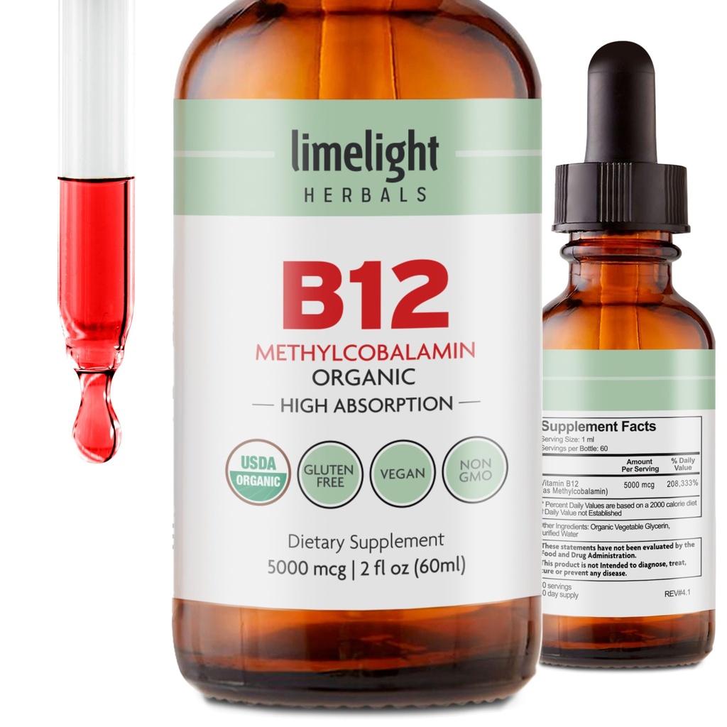 USDA organiczna witamina B12 Krople płynne - 5000 µg Methylcobalamina - Subjustowe, Fast- Absorbujące suplement wegański - Energia, Metabolizm, Mózg, Serce i wsparcie immunologiczne - Bezalkoholowe, 60 Sługi, USA Made
