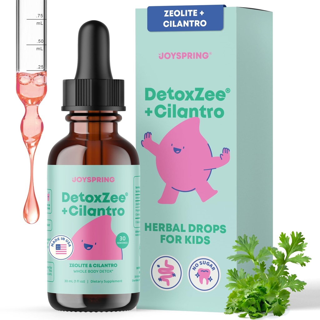JoySpring DetoxZee Cilantro Drops dla dzieci - Natural Detox Support with Zeolite & Cilantro Extract - Gentle Whole- Body Cleanse for Children & Toddlers - Przyjazny dzieciom Detox płynny, 30 Służenie
