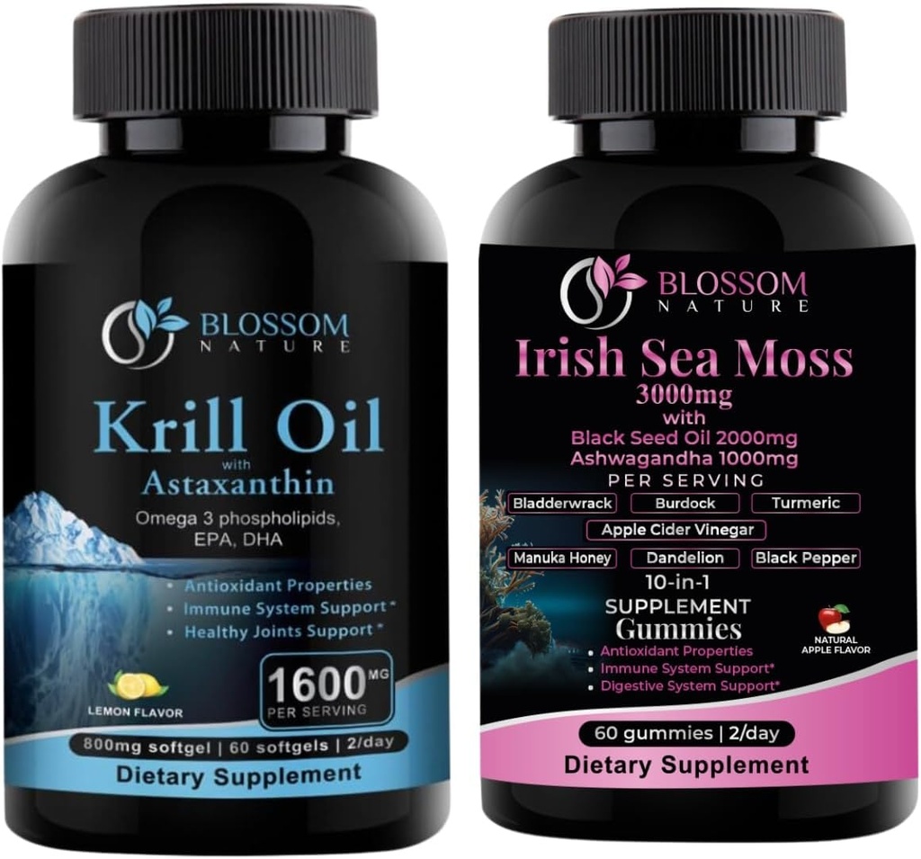 Olejek z kryla antarktycznego 1600mg z Astaksantyną 2 mg i Irish Sea Moss Gummies 3000mg z olejem z nasion czarnych i Ashwagandha 2000mg