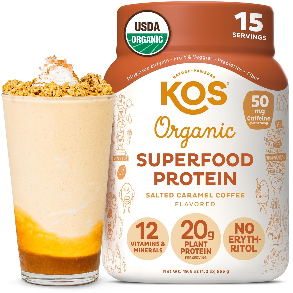 KOS Vegan Protein Powder, Sól karmelowa Kawa - Niskie mieszanka białka grochu, Organic Plant Superfood bogaty w witaminy i minerały - Keto, Bezmleczne - Meal Replacement for Women & Men - 15 Służenie