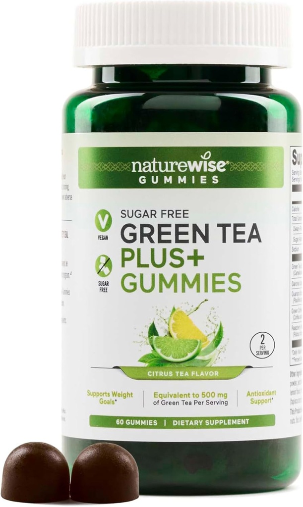 NatureWise Green Tea Gummies - Keto, Cukier wolny - Wspiera cele fitness dla kobiet i mężczyzn - 500mg Green Tea + Malina Ketones, Garcinia Cambogia - Wegan, No gluten - 60 Hrabia [1- Miesiąc dostaw]