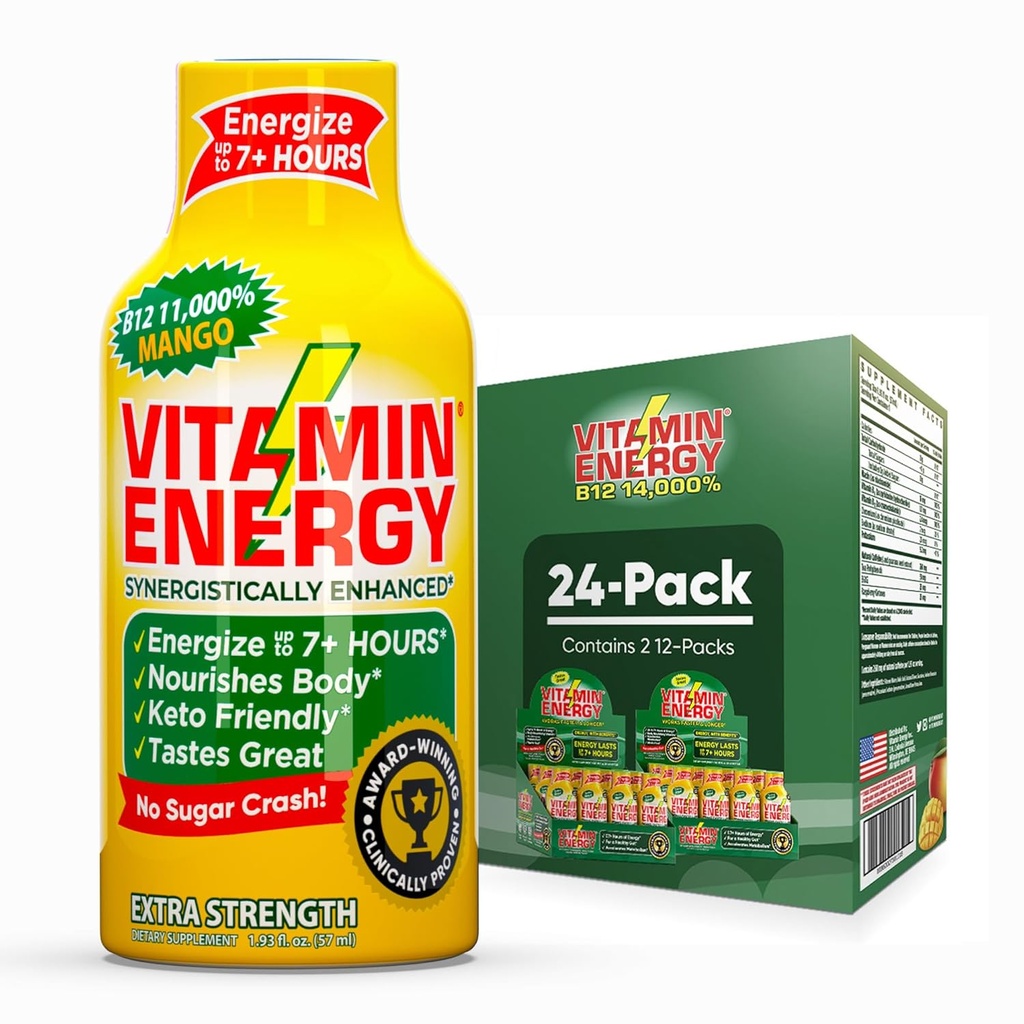 Witamina Energy B12 11 000% Dodatkowa moc energia strzał Mango 24 Pack, 260mg naturalna kofeina, B12 & B6, Nootropowe Focus, Witalność, Zero Cukier, Gluten- Free, Wegan, Kosher, 1.93 fl oz