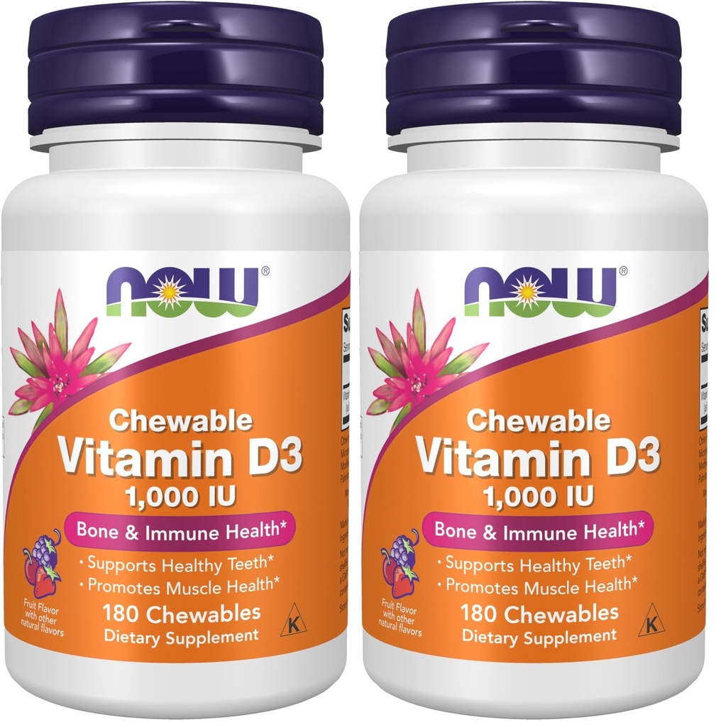Teraz suplementy, Witamina D-3 1000 IU, Naturalny aromat owocowy, Wsparcie strukturalne *, 180 Chewables (Opakowanie 2)