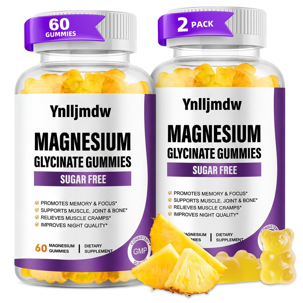 (2 opakowania) Magnezu Gummies 500 mg, Wysokoabsorpcyjny suplement magnezu z wapniem i witamin, Wsparcie kości, Mięśnie, Noc, Pamięć i nastroje, Wegan, Non-GMO, 60 Counts, Smak ananasowy