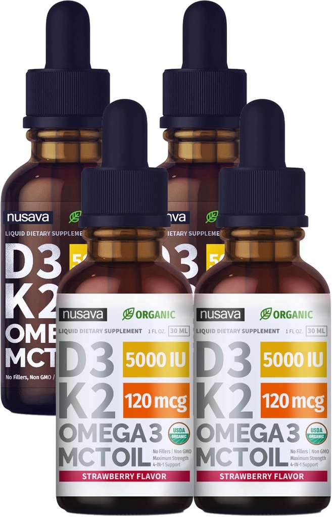 (4 Pack) Witamina D3 K2 Krople Unflavored & Strawberry Flavor Bundle - Maksymalna moc Witamina D Liquid 5000 j.m. z MCT Omega Oil 3 - No Fillers, NieGMO Liquid D3 dla immunologicznego wsparcia, 2 Fl Oz Każdy