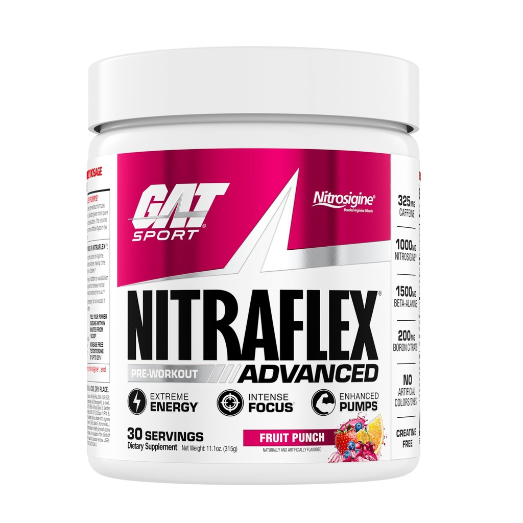 GAT SPORT Nitraflex Advanced Pre- Workout Proszek, zwiększa przepływ krwi, zwiększa siłę i energię, poprawia wydajność ćwiczeń, Mężczyźni i kobiety (Owoce Punch, 30 Służenia)