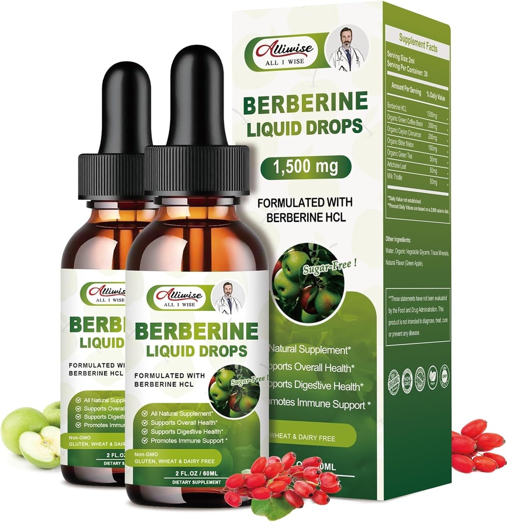 2 Pack Berberine Supplement Liquid Drops for Immune System & Digestive System Supports - Premium Berberine HCL 1500mg with Pure Ceylon Cynamon -4 Fl Oz