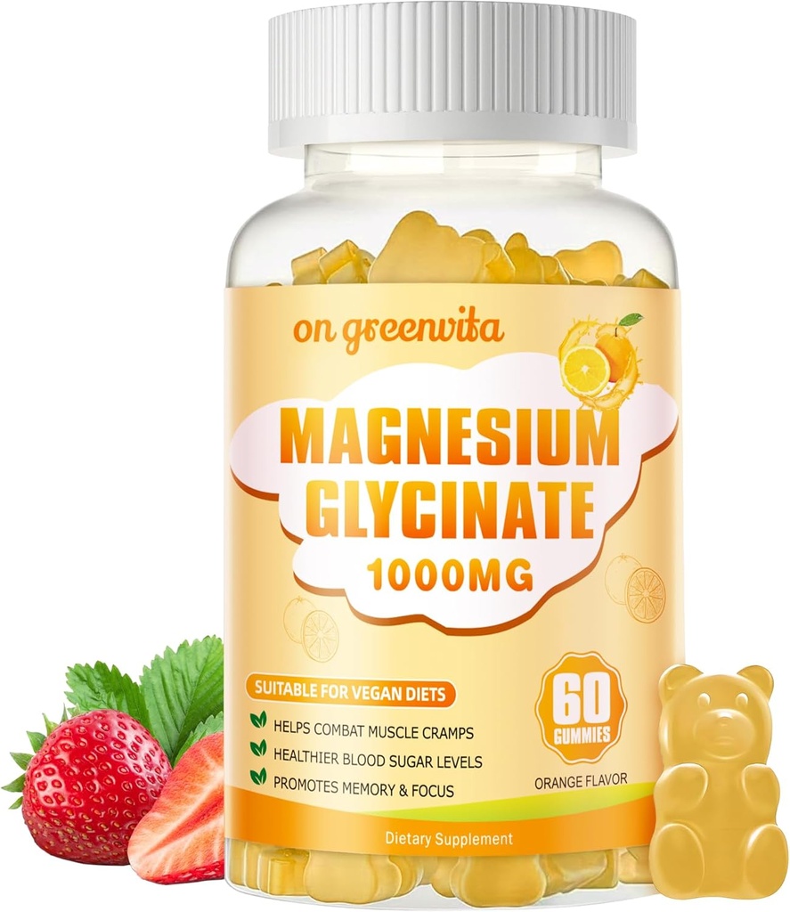 Magnesium Glycinate Gummies 1000mg - Sugar Free Magnesium Potassium Supplement with Vitamin D, B6, CoQ10 for Calm Mood & Sleep Support - 60 Orange Gummies