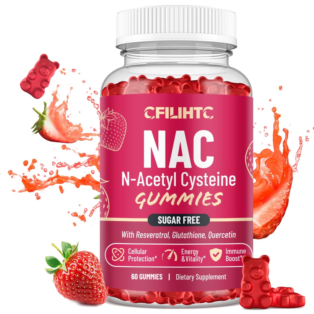 CFILIHTC NAC Gummies 600mg, N Acetylo Cysteina Suplement z Glutationem, Resveratrol, Magnezu, CoQ10, NAC Chewable for Antioksydants & Immune Support, Strawberry Flavor 60 Gummies