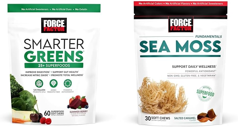 FORCE FACTOR Zielone Żuje z 25 + Superfoods & Sea Moss Chews, 60 & 30 Count