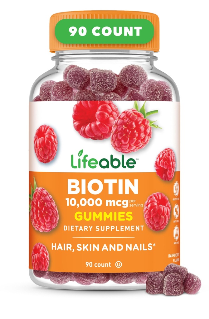 Żywe Gummie Biotin XI124; 10,000 mcg XI124; Great Tasting Hair Skin and Nails Gummies XI124; GMO- Free Vegan Biotin Supplement XI124; Włosy Skóra i Nails Vitamin dla kobiet XI124; 90 Gummies
