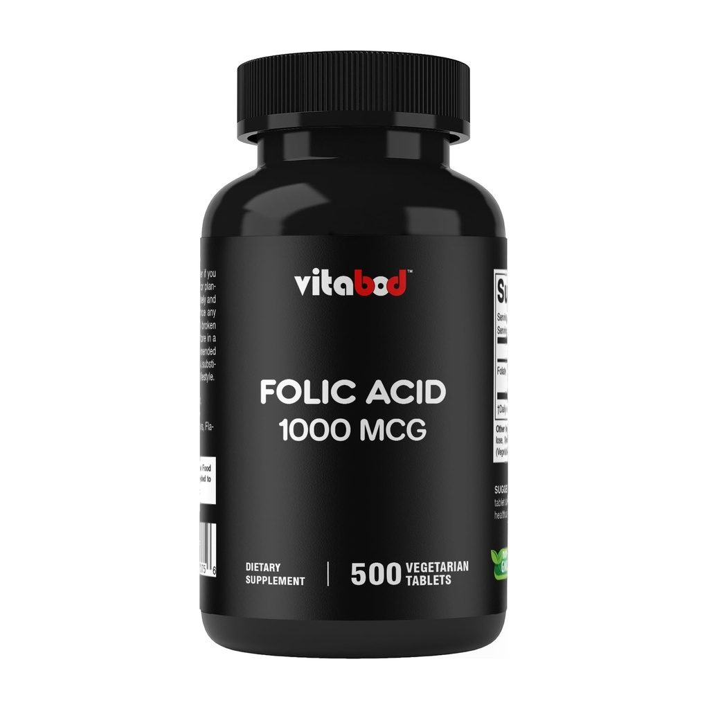 Kwas foliowy 1 mg (1000 µg) (Witamina B9) - 500 Tabletki wegetariańskie - Witamina zasadnicza prenatalna i pourodzeniowa