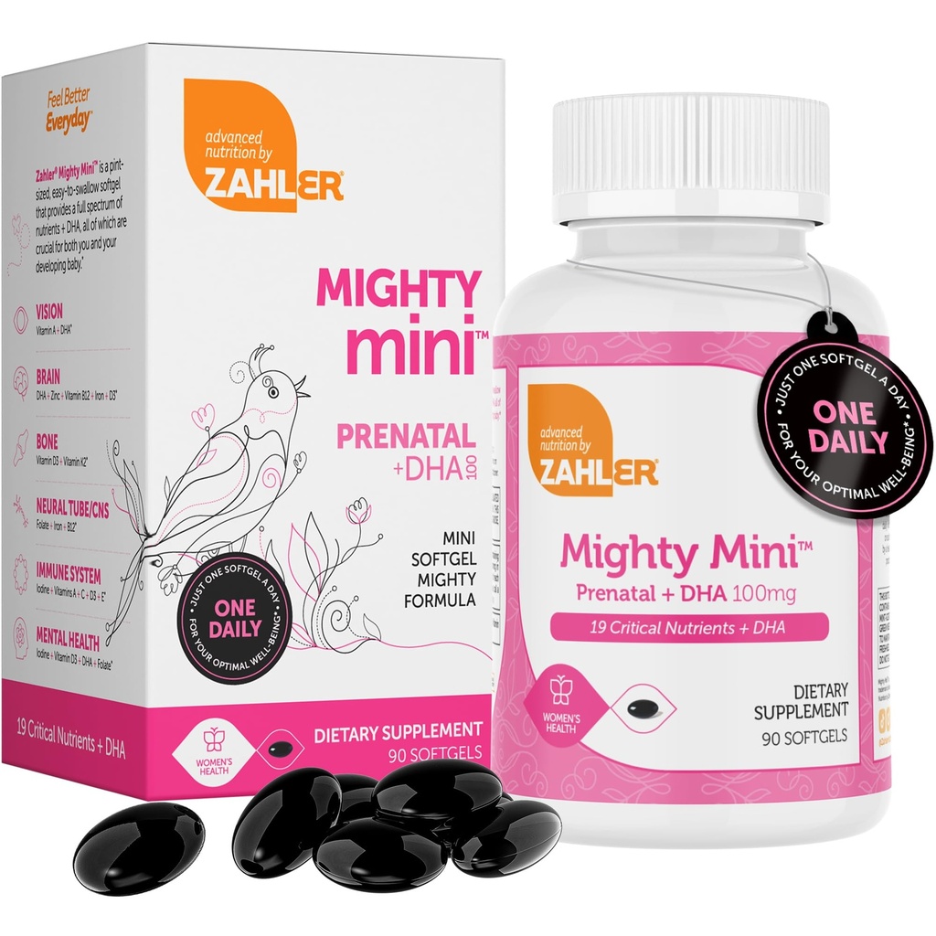 Zahler Mighty Mini Witamina Prenatalna z DHA & Folate - Certified Kosher - Wszystkie naturalne Witaminy Prenatalne - Multiwitamina dla kobiet w ciąży - 19 Witaminy Prenatalne Włączając kwas foliowy (90 Softgels)