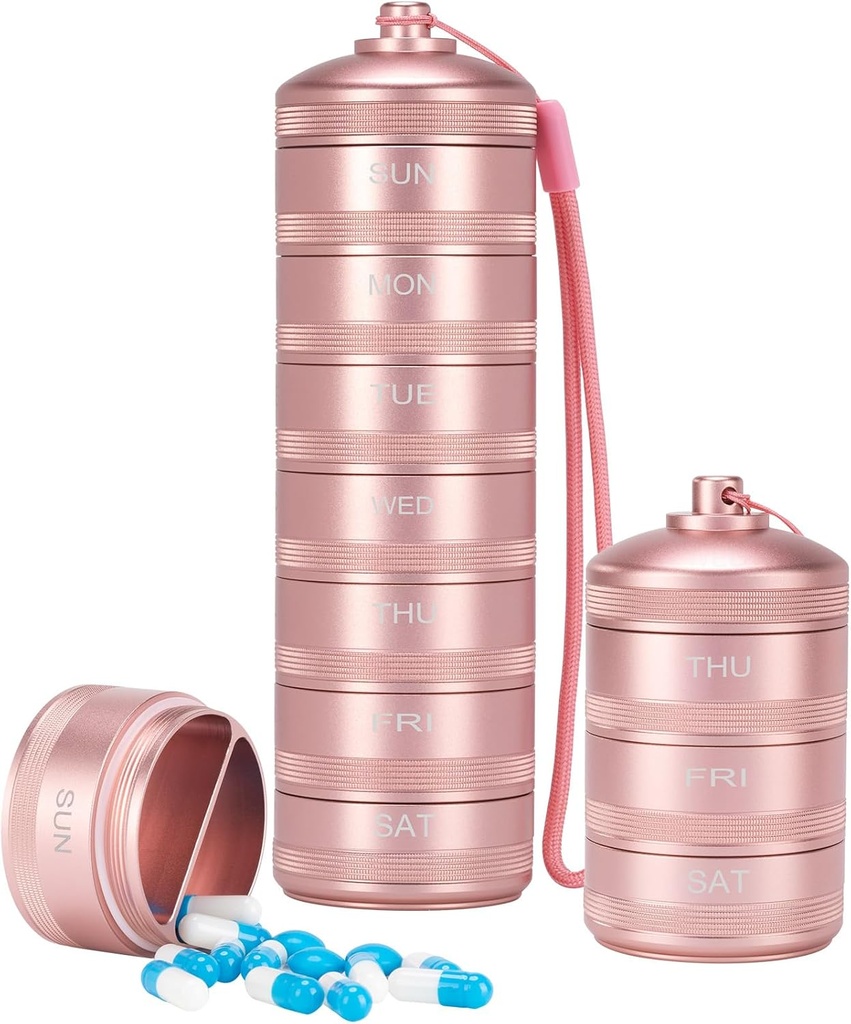 XHT Pink Weekly Metal Pill Organizator 7 Dzień 2 razy dziennie - Estetyczny wodoodporny AM PM Pill Box Travel, Heavy Duty Pill Holder i Medicine Pill Organizator dla witamin, Olej rybny i suplementy