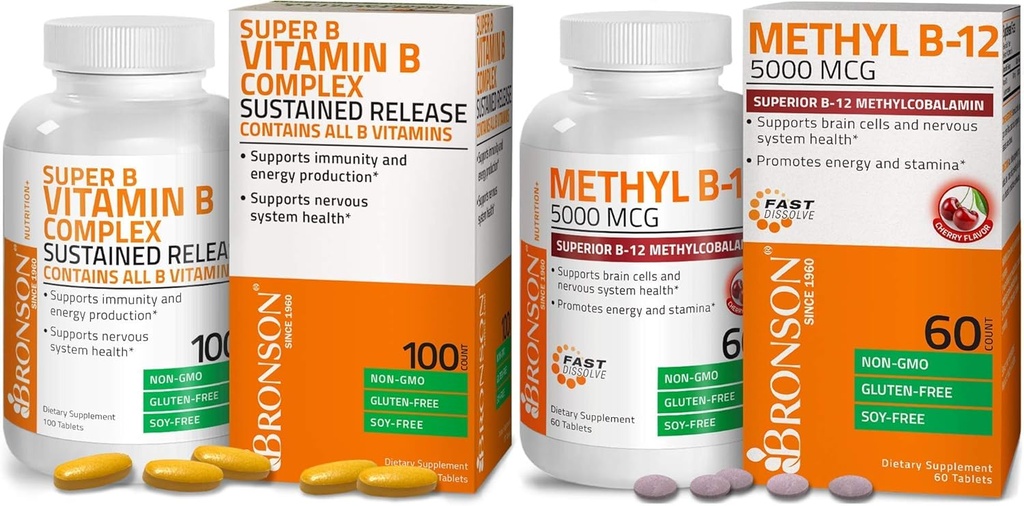 Bronson Methyl B12 5000 µg Witamina B12 Methylcobalamina Lozenges + Super B Witamina B Kompleks Trwałe spowolnienie