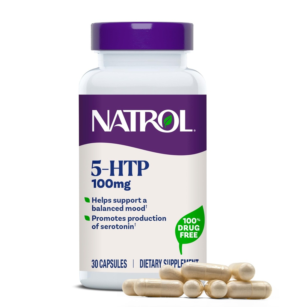 Natrol Mood + Stress 5- HTP 100 mg, Suplement diety dla Balanced Mood, Kapsułki dla dorosłych, 30 Kapsułki, Do 30 Day Supply