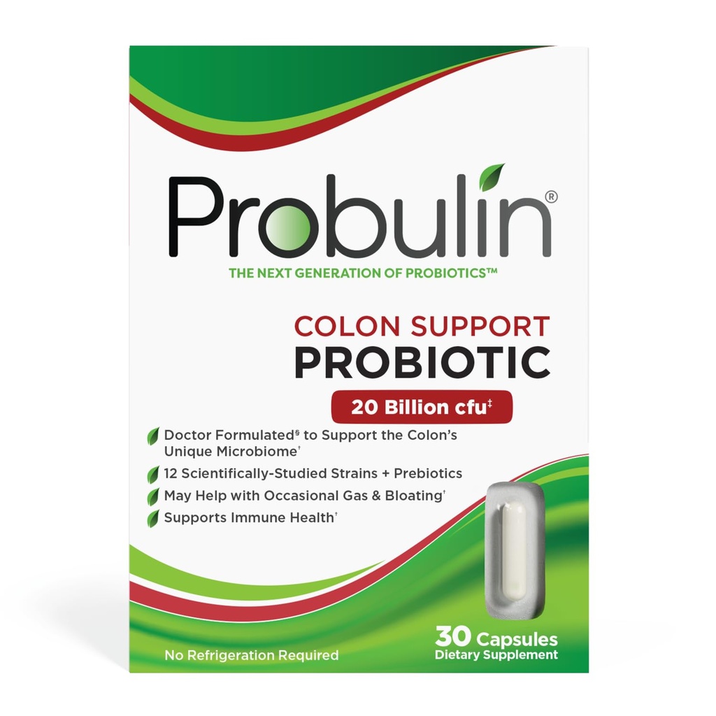 Probulin Colon Support Daily Probiotic + Prebiotic + Support Gut Health, Okazjonalne Gaz i Bloating - 20 Miliard CFU - 12 Szczepów, 30 Kapsułki wegańskie