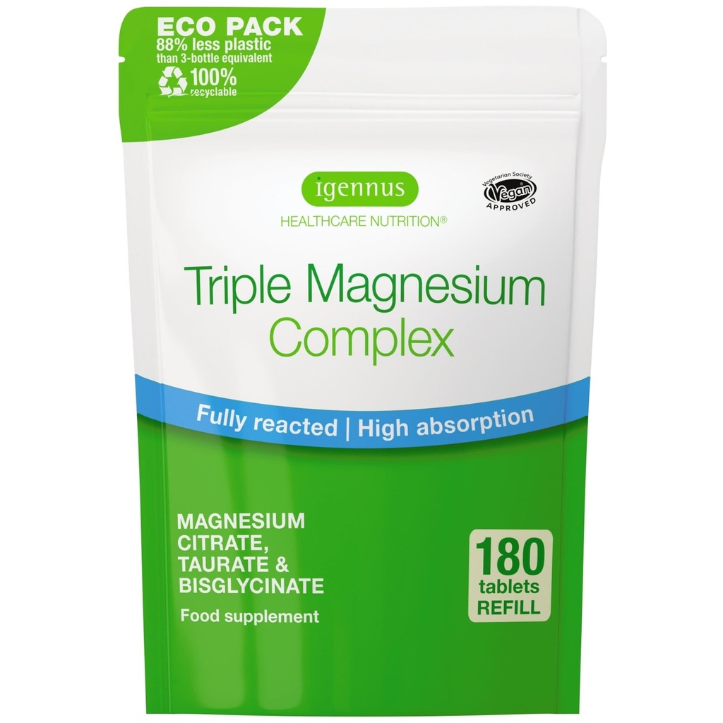 Igennus Superior Triple Magnezu Complex, W pełni Reagowany i Chelated Glicynian, Taurate & Cytrate, Czysty etykieta, Wysoka Biodostępność i Wchłanianie, 180 Tabletki, Wegan, Nie buforowane