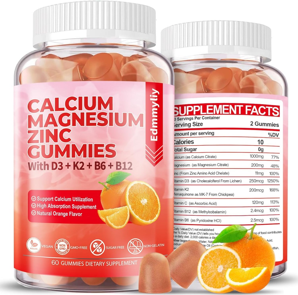Sugar Free Wapnia Magnezu Suplement cynku Gummie z witaminą D3 & B12 dla kobiet i mężczyzn Wysoka absorpcja Wapnia Magnezu Suplement do wsparcia immunologicznego (120 Liczby)