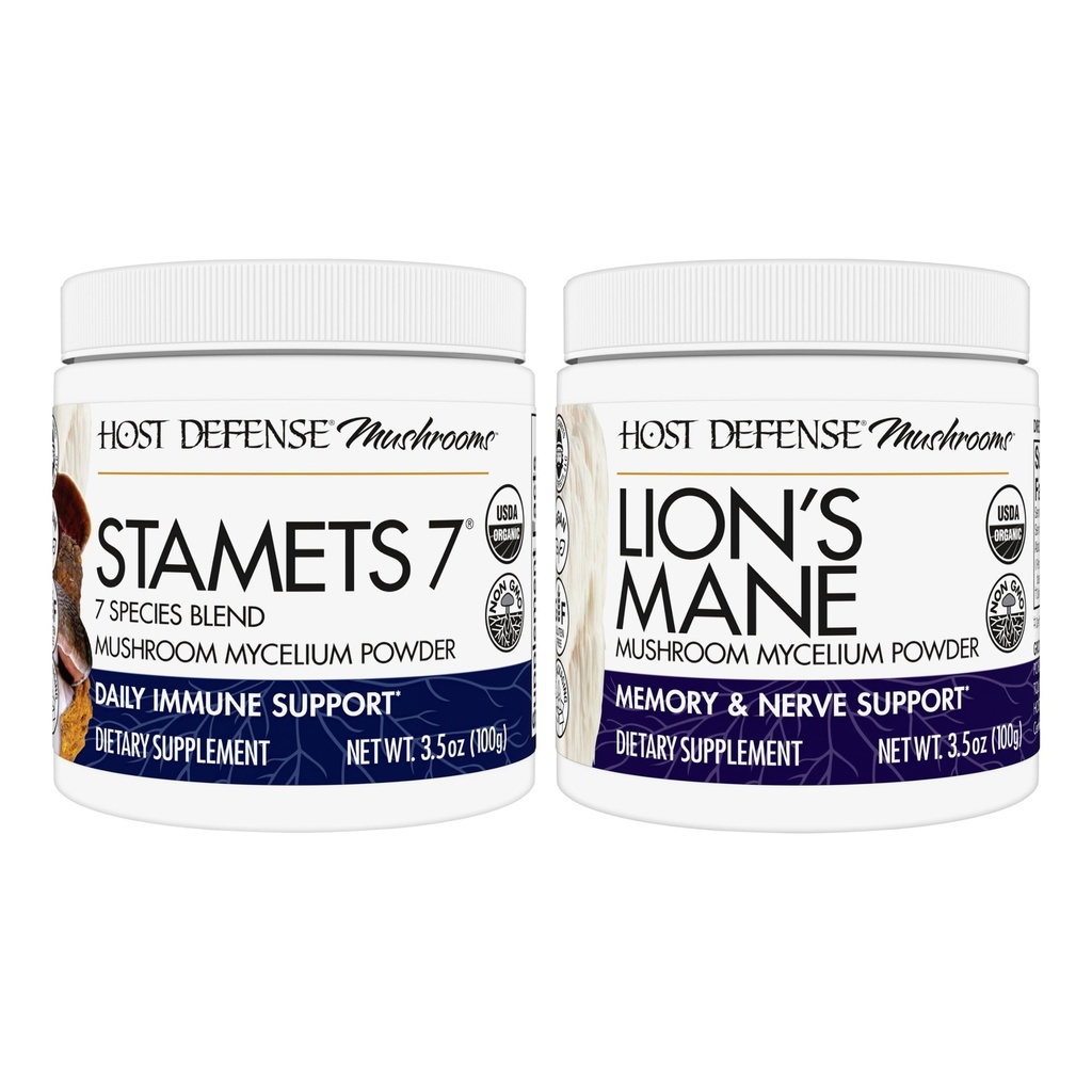 Host Defense Bundle ze Stamets 7 Grzyb w proszku, 3.5 oz & Lion 's Mane w proszku, 3.5 oz - Wsparcie dla zdrowia immunologicznego z 7 Gatunków Mieszanka - Wsparcie zdrowia mózgu, Pamięć i Focus *