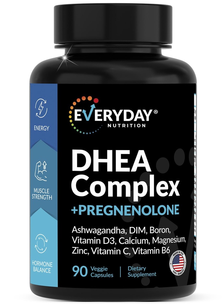 DHEA Mikronizowany 200mg Complex z ciążą 100mg Suplement dla mężczyzn i kobiet z Ashwagandha, DIM, Magnez, Boron, Wapnia, Cynk, Witamina D3, C i B6 Hormon Wsparcie - Made in USA 90 Kapsułki