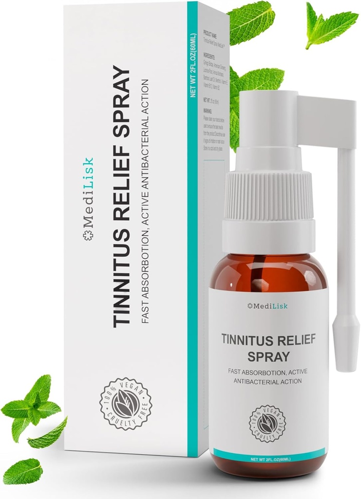 Medilisk Tinnitus Relief Spray - Pomaga Tinnitus Relief dla Ringing Ears - Ziołowe produkty do pielęgnacji ucha - Non-Sterydal & Hipoalergiczne - 1 Fl Oz Relief - Opakowanie 1
