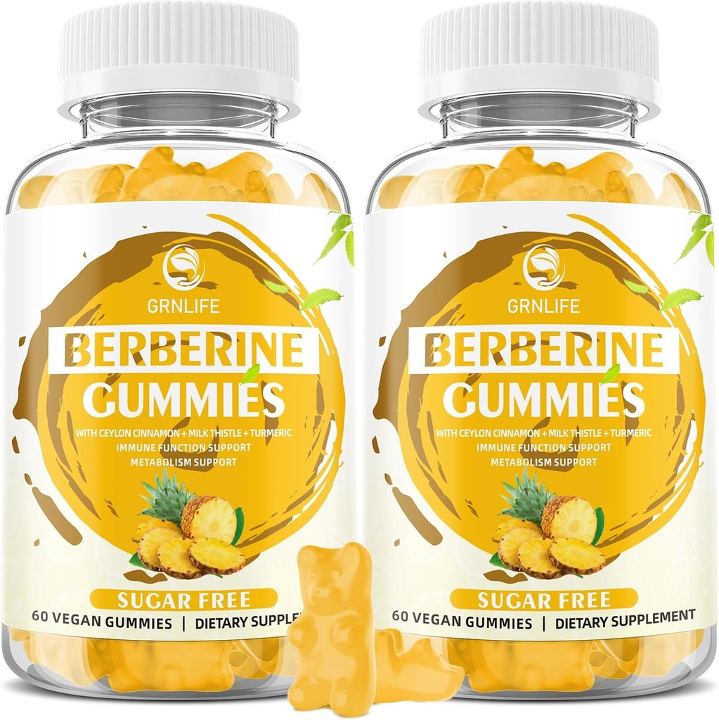 Berberyjskie gumki z Ceylon Cynamon 1500mg Wysoka potencja Berberyna HCL Suplement do wsparcia immunologicznego i metabolizmu, Bez cukru, Flavor ananasowy - 120 Count